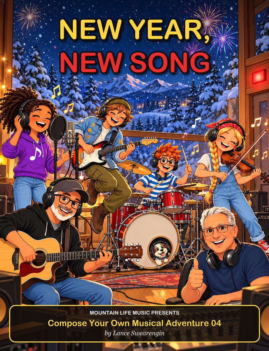 New Year, New Song book cover: the band records their own song in a cozy snowed-in studio, with Tempo the dog