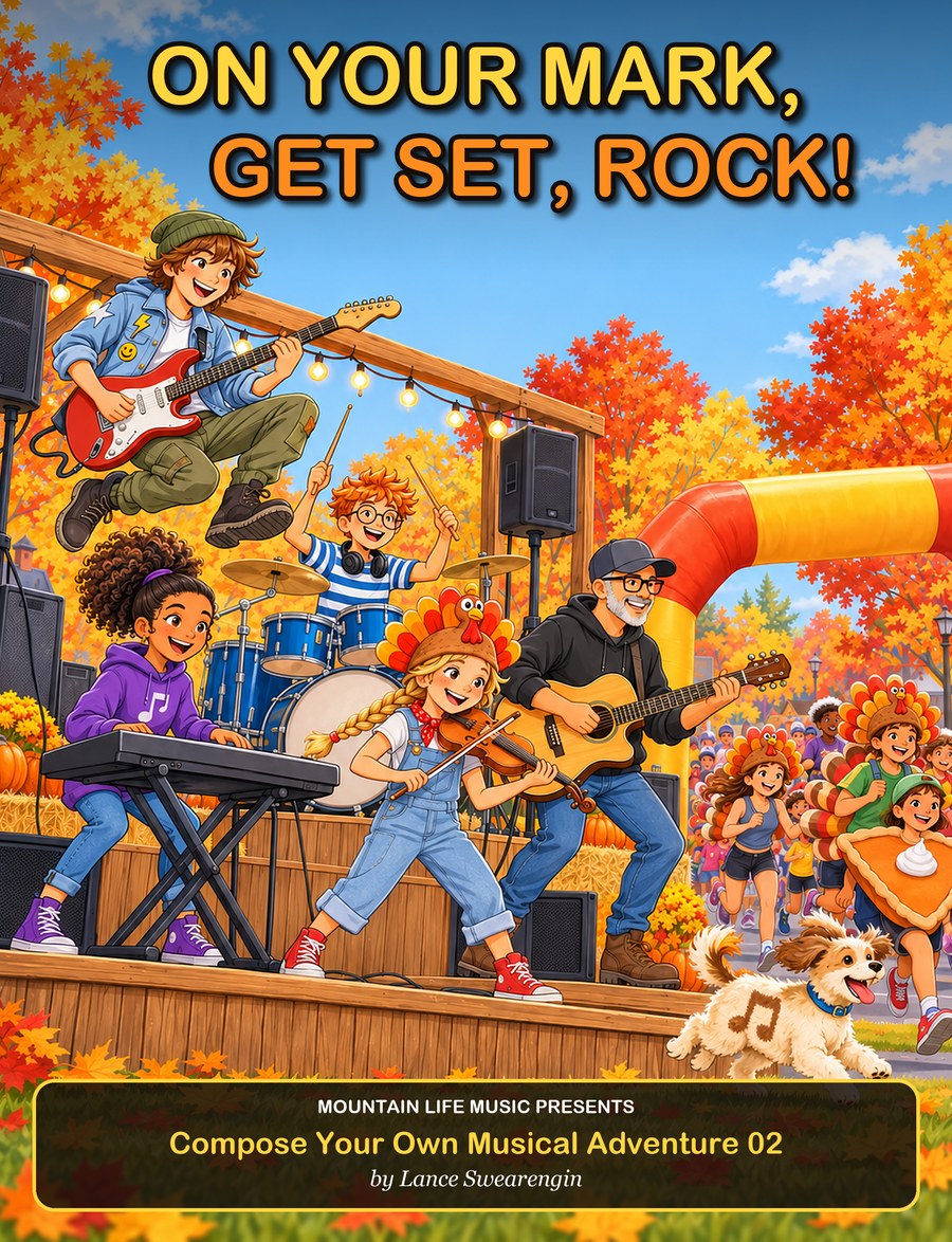 On Your Mark, Get Set, Rock! book cover: the band rocks a stage at the Thanksgiving Turkey Trot as runners in turkey hats race by and Tempo the dog runs alongside